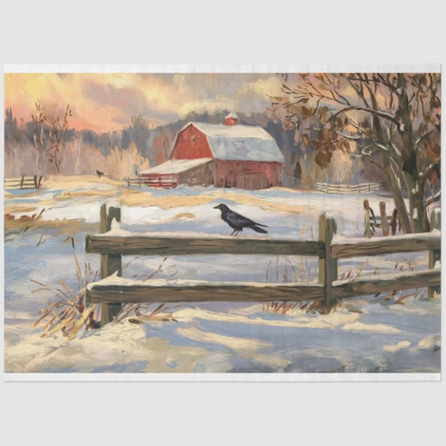 Papel De Seda Red Barn Russo com Decoupage de Crow Farmhouse (Frente )