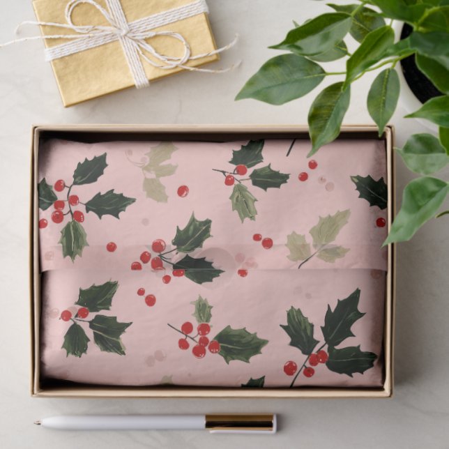 Papel De Seda Red berries and holly on pink (Presente)