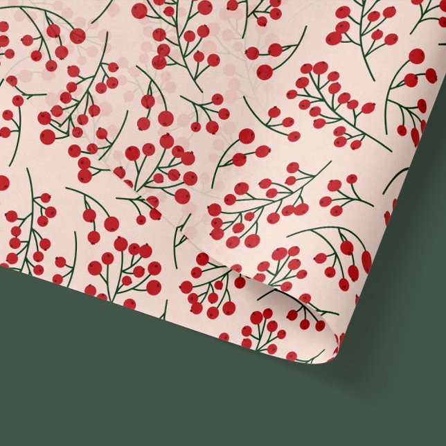 Papel De Seda Red Berries - Mistura Botânica Natal (mistletoe red berries Christmas pattern in pink and red - tissue paper transparency)