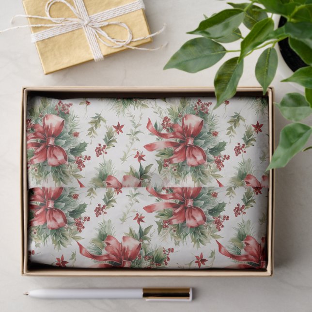 Papel De Seda Red Bows and Holly Leaves (Presente)
