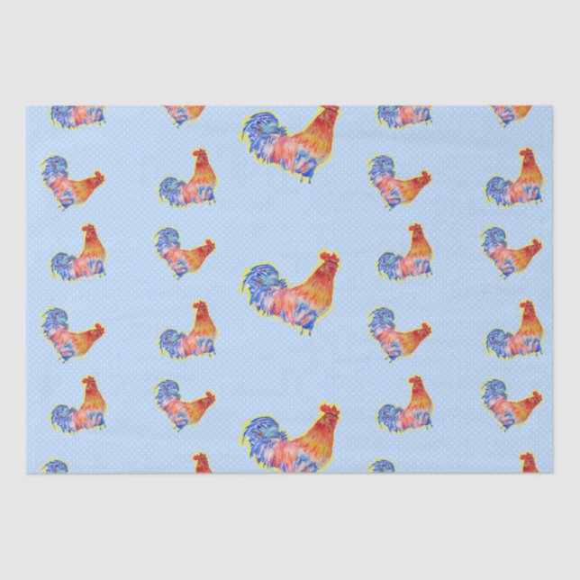 Papel De Seda Red Funny Rooster Cockerel Pontos Azul e Branco (Frente )