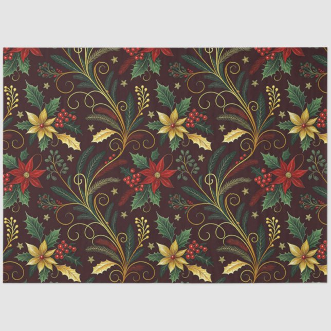 Papel De Seda Red Gold Green Christmas Florals Decoupage  (Frente )