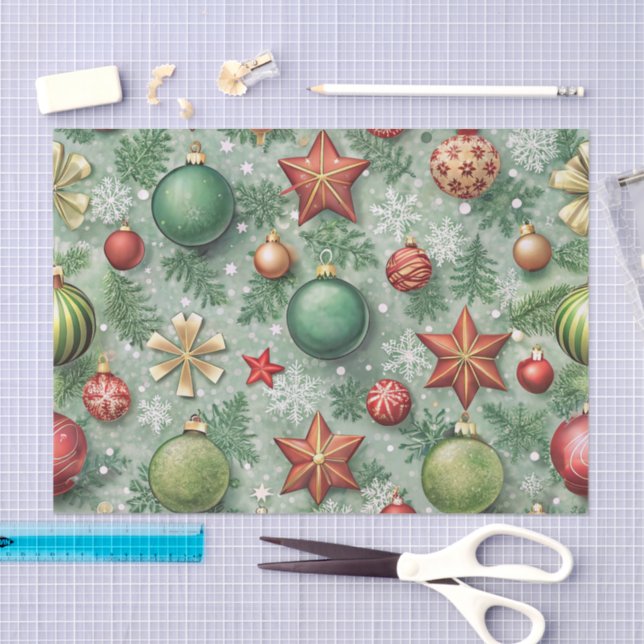 PAPEL DE SEDA RED & GREEN CHRISTMAS BALLS STARS SNOWFLAKES (Arte )