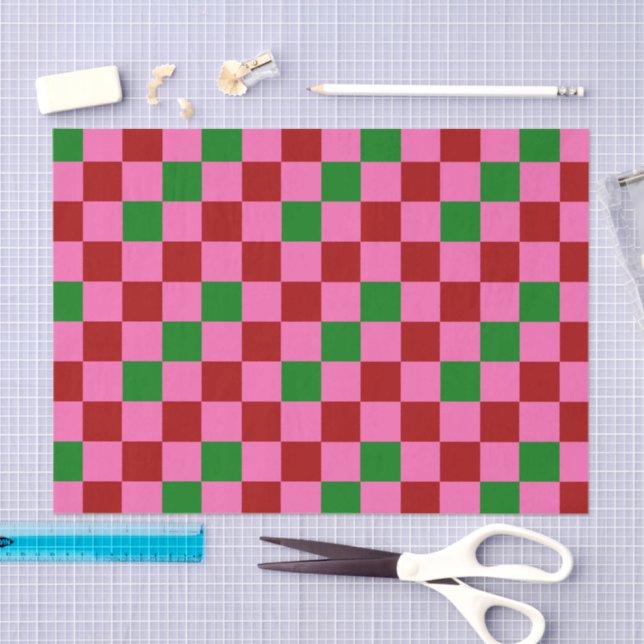 Papel De Seda Red Pink Green Checkered Pattern Design  (Arte )