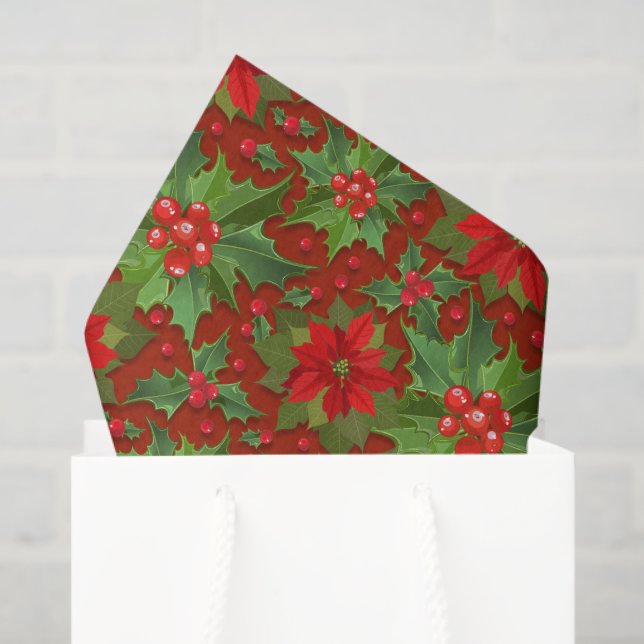 Papel De Seda Red Poinsettia Holly Padrão Floral | Natal (Sacola de presentes)