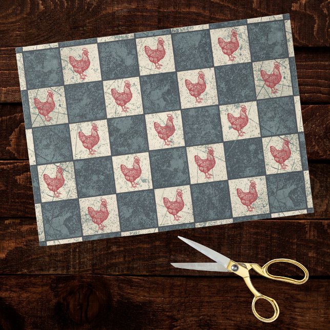 Papel De Seda Red Rooster on Gray Black Checkerboard Farmhouse (Criador carregado)