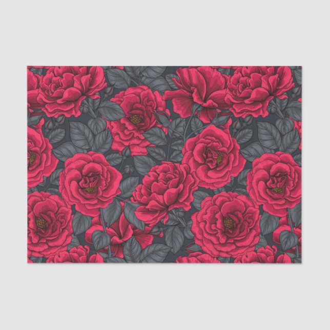 Papel De Seda Red roses with gray leaves on black (Frente )