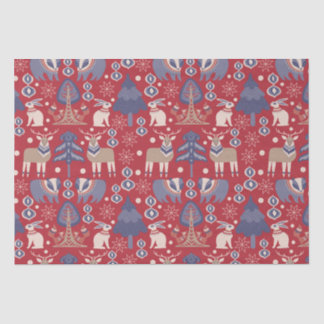 Papel De Seda Red Scandinavian Winter Reindeed Rabbit