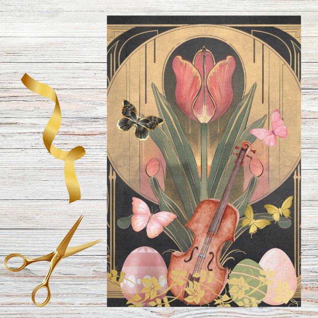 Papel De Seda Red Tulip Art Deco Violin and Easter Eggs Musical (Criador carregado)