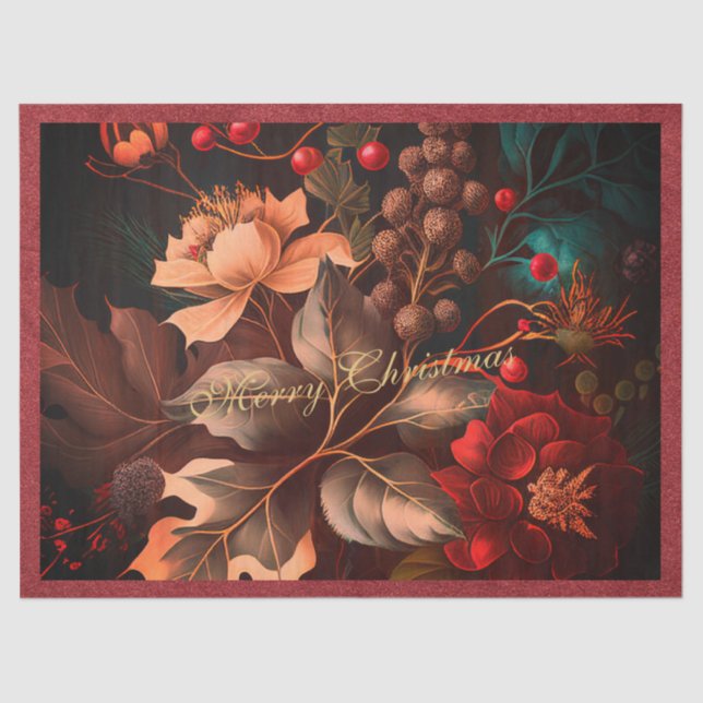 Papel De Seda Reds Florals Merry Christmas (Frente )