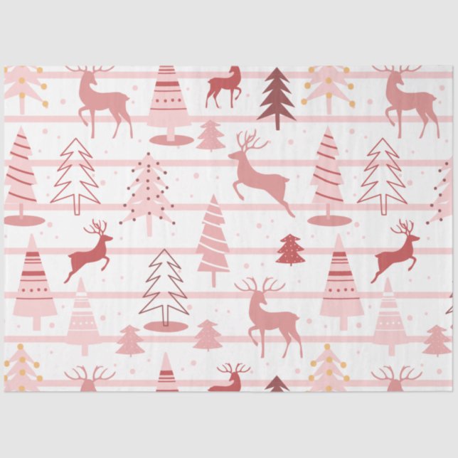 Papel De Seda Reindeer e Flocos de Neve, Natal Branco Rosa (Frente )