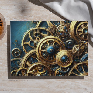 Papel De Seda Relógio a Vapor Gold e Azul Turquesa Steampunk