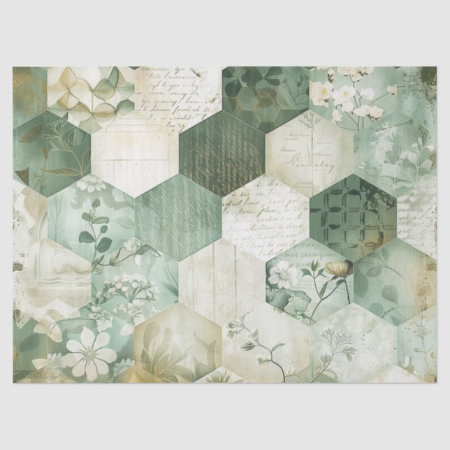 Papel De Seda Remendo Botânico Hexagonal Vintage (Frente )