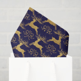 Papel De Seda Rena de Couro Dourado Natal Azul Marinho
