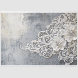 Papel De Seda Renda Floral Branca Desbotada Bordada com Pátina d