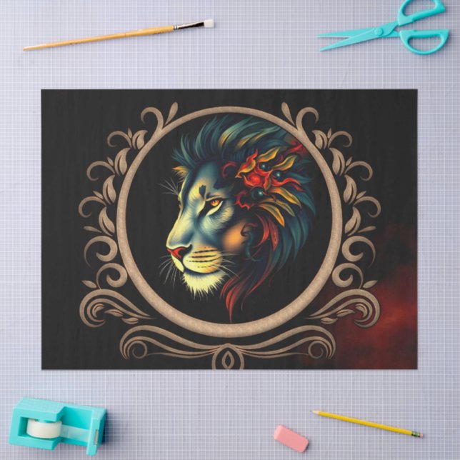 Papel De Seda Retrato da cabeça de leão estilizado em Mandala (Arte )