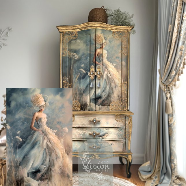 Papel De Seda Retrato da Mulher Elegante Arte Eetérea Floral Cam (Elegant Lady & Floral Fields, Romantic, Ethereal, Fantasy, Light Dusty Blue, Decoupage Tissue Paper)