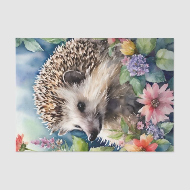 Papel De Seda Retrato de Aquarela Floral de Hedgehog (Frente )
