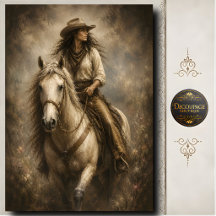 Retrato de arte ocidental de vaqueira montando cav