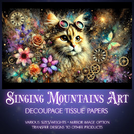 Papel De Seda Retrato de Gato Fantasia Floral Steampunk em Decou