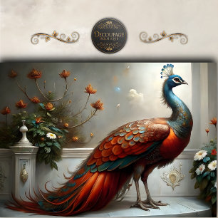 Papel De Seda Retrato de Pavão Ornamentado em Decoupage