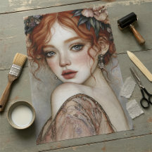 Retrato Floral Decoupage de Ruiva Vintage