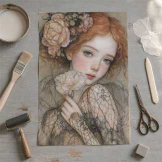 Papel De Seda Retrato Floral Decoupage Romântico de Ruiva