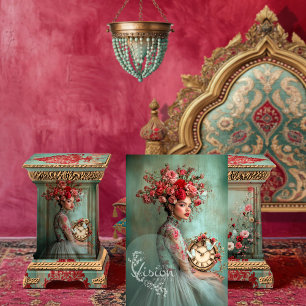 Papel De Seda Retrato Rosa Escarlate Borboletas Relógio Floral