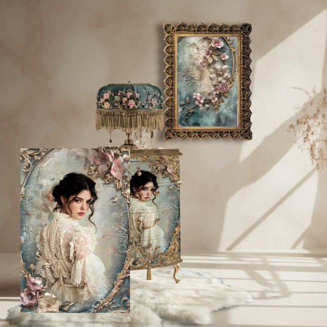 Papel De Seda Retrato Vitoriano, Linda Mulher Francesa (French Victorian Romantic Portrait Art, Vintage Floral Baroque Furniture Decoupage Tissue Paper)