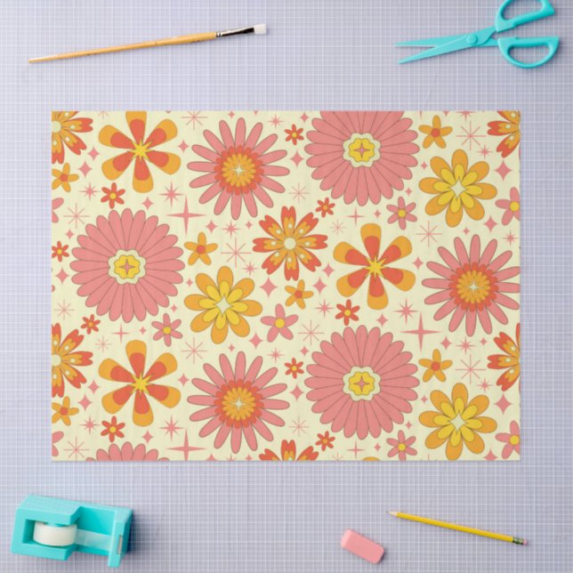 Papel De Seda Retro atomic flowers with starbursts on cream  (Arte )