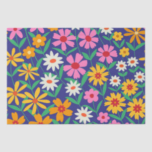 Papel De Seda Retro Boho Rosa laranja padrão floral em azul nava