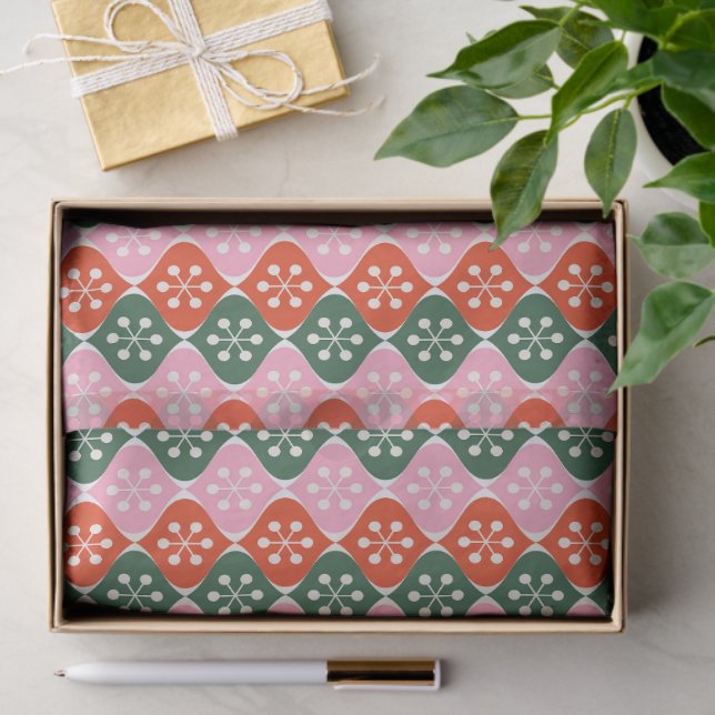 Papel De Seda Retro Mid Mod Atomic Pattern Pink Green Christmas (Presente)