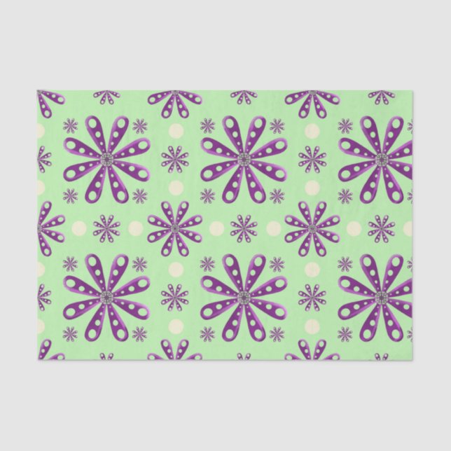 Papel De Seda Retro Purple Flowers on Green Background (Frente )