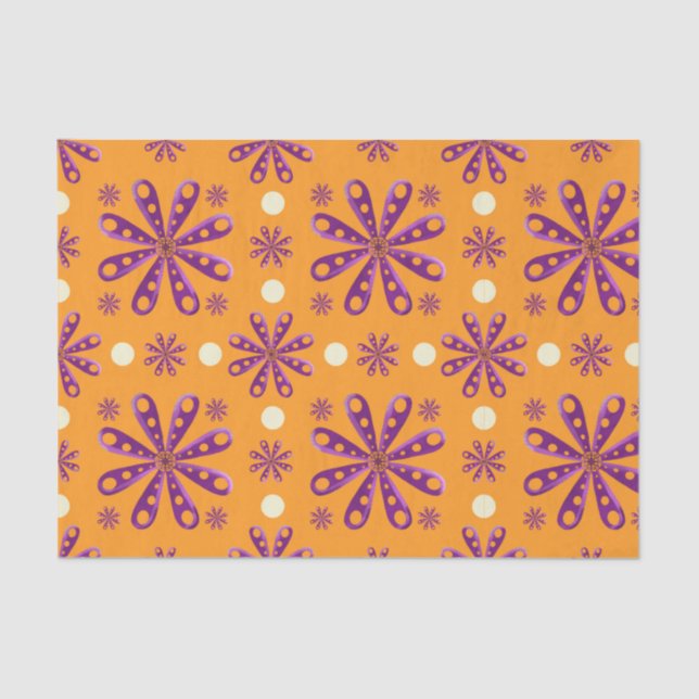 Papel De Seda Retro Purple Flowers on Orange Background (Frente )