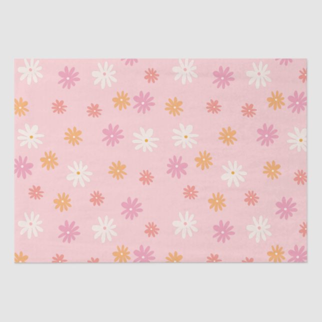 Papel De Seda Retro Rosa e Laranja Floral de Margarida (Frente )