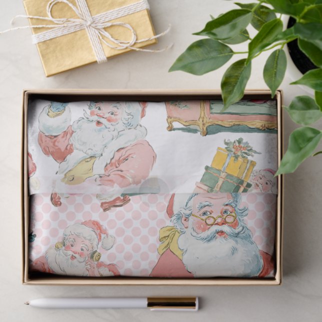 Papel De Seda Retrô Rosa Grafado Natal Papai Noel (Presente)