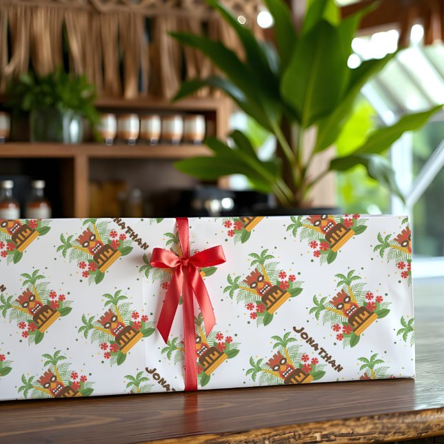 Papel De Seda Retro Tiki Hawaiage Flowers Palm Tree Name (Personalized Tiki tissue paper with vintage Hawaiian design for fun, tropical gifts!)