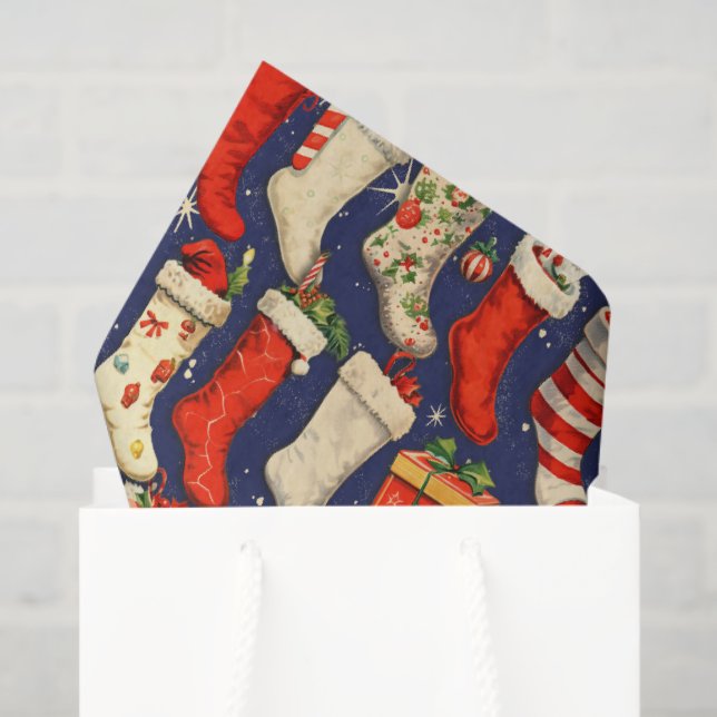 Papel De Seda Retro Vintage Christmas Stockings Blue (Sacola de presentes)