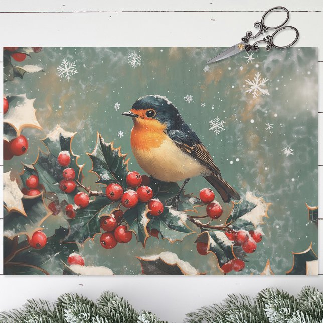 Papel De Seda Robin na Holly Branch na Desnuvem de Neve (Criador carregado)