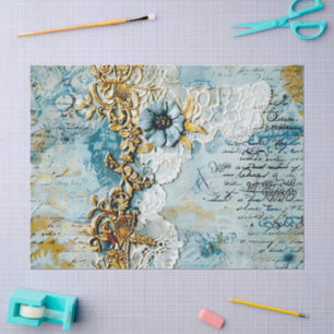 Papel De Seda Rococó Azul Dourado Romântico Italiano