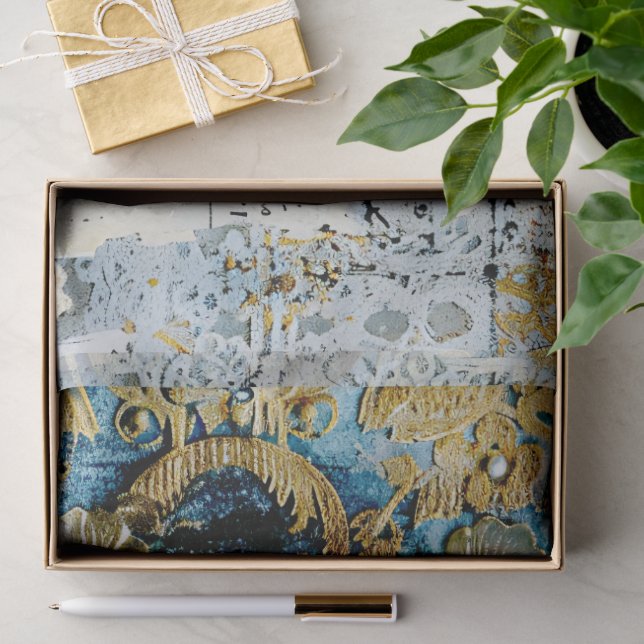 Papel De Seda Rococó Azul Dourado Romântico Italiano (Presente)