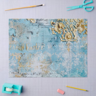 Papel De Seda Rococó Azul Dourado Romântico Italiano