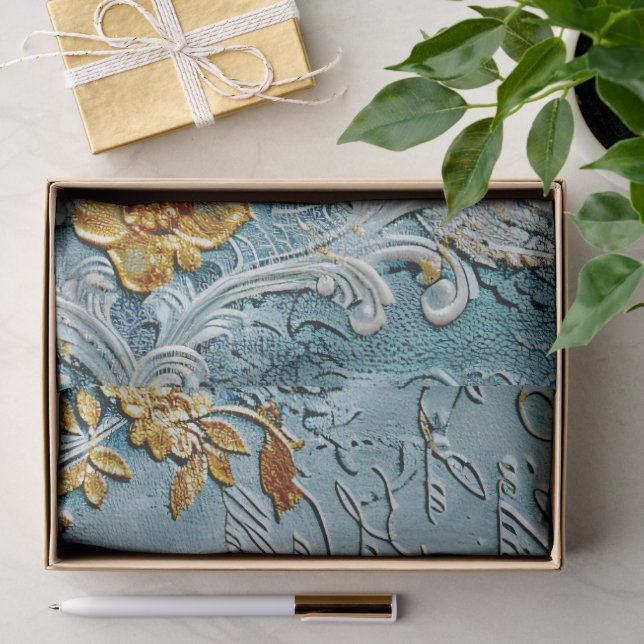 Papel De Seda Rococó Azul Ouro Italiano Romântico (Presente)