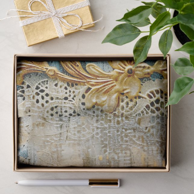 Papel De Seda Rococó Azul Ouro Italiano Romântico  (Presente)