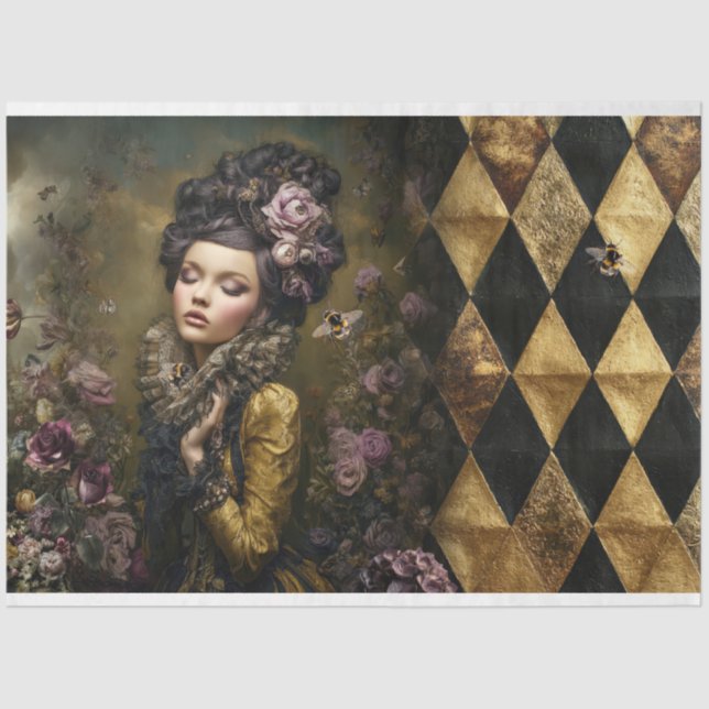 Papel De Seda Rococo Buzz Victorian Woman Checkers Floral & Bee (Frente )