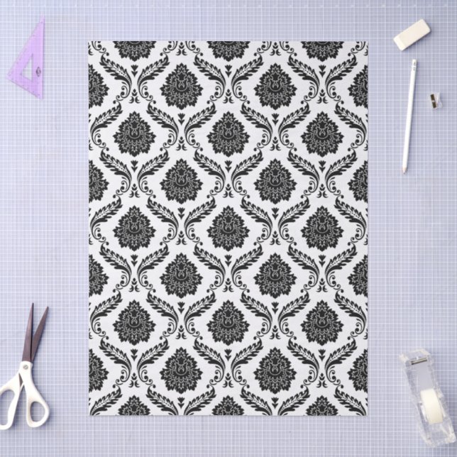 Papel De Seda Rococo Damask Rpt Padrão Preto no Branco (Arte )
