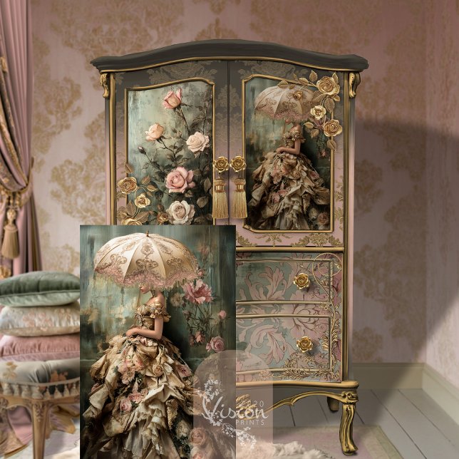 Papel De Seda Rococo Rosa Romance Retrato e Floral (Rococo Romance Elegant Woman, Bouffant dress & Parasol, Portrait Art Decoupage Tissue Paper)