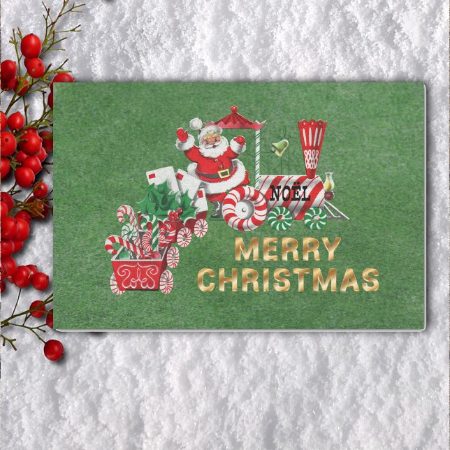 Papel De Seda Rodas de Pepperminta do Comboio de Natal Papais no (Santa on peppermint candy train with letters on Merry Christmas green tissue paper.)