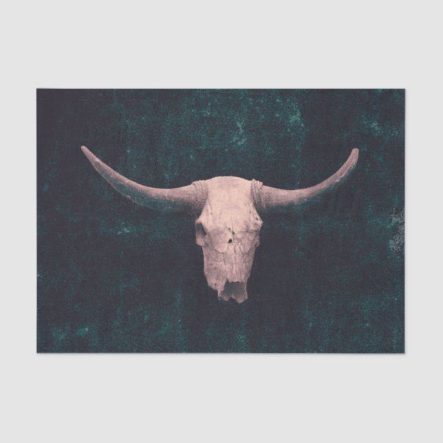Papel De Seda Rodeo Dark Teal Green Rustic Western Bull Crânio (Frente )