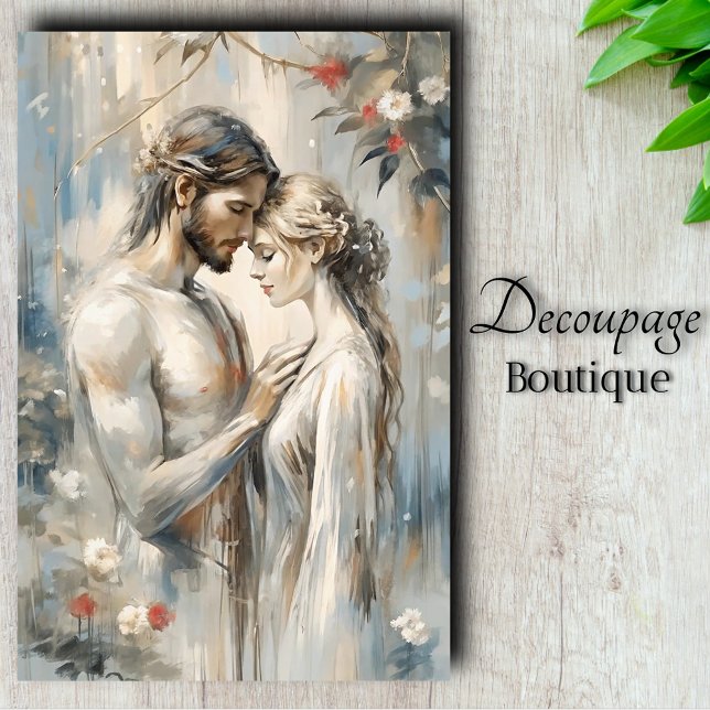 Papel De Seda Romance de Entender na Misty Blues Decoupage (Tender Embrace - Romance in Misty Blues Decoupage Tissue Paper)